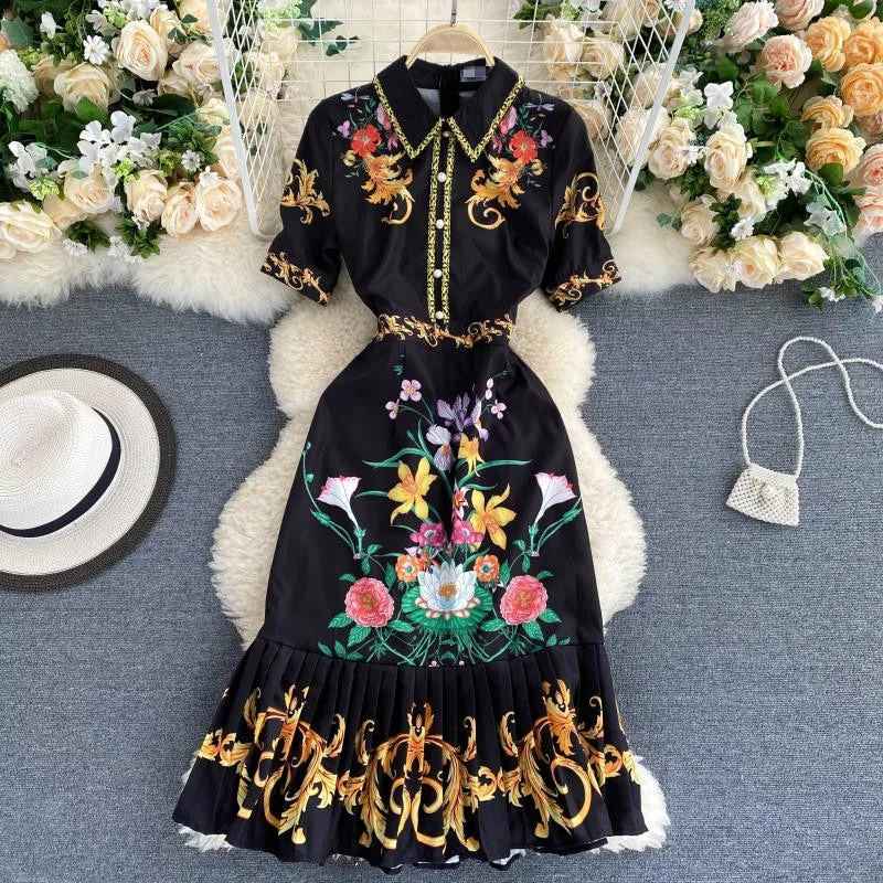 Sixsr Neploe Retro Palace Style Print Ruffles Dress Women Elegant Shirt Collar Femme Vestidos Chic Button High Waist Dresses 1D860