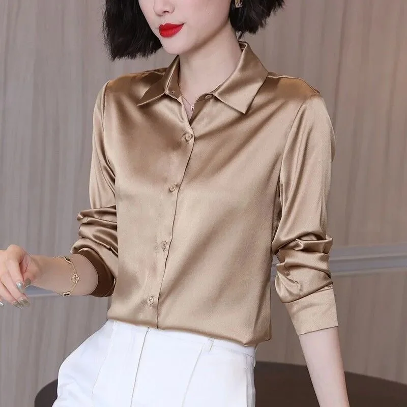 Sixsr Brand Quality Luxury Women Shirt Elegant Office Button Up Long Sleeve Shirts Momi Silk Crepe Satin Blouses for Women Fashion  Business Ladies Top