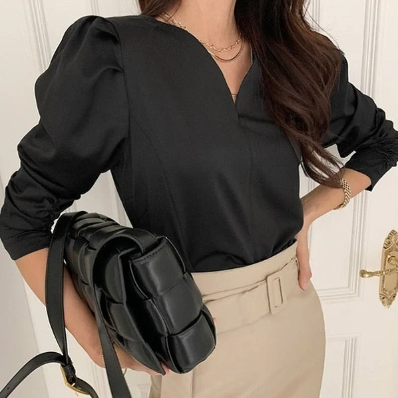 Sixsr Puff Sleeve Office Lady V-neck Long Sleeve Women Blouses for Women Fashion  Spring New Korean Chic Casual Woman Shirts White Tops Blusas Mujer 12899