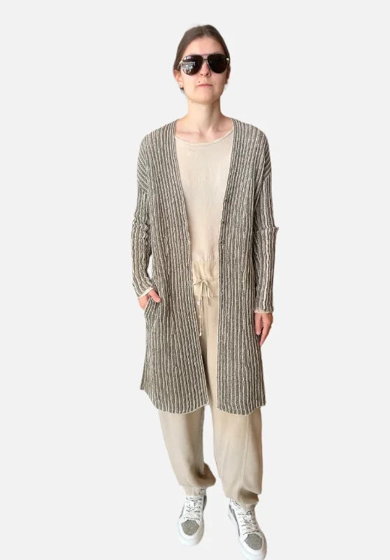 Bicolor Striped Linen Cotton Knitted Cardigan - Green