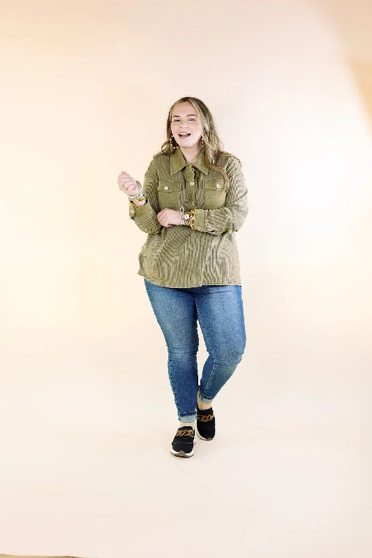 Cozy Welcome Waffle Knit Collared Top with Long Sleeves in Olive Green