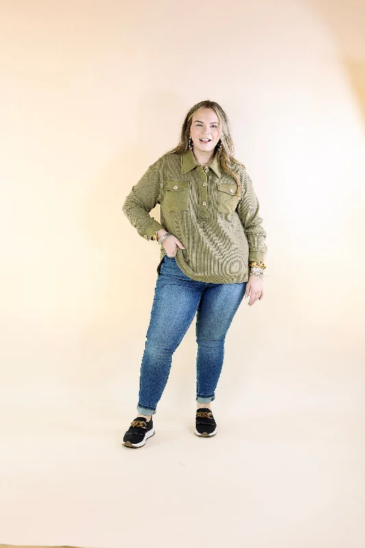 Cozy Welcome Waffle Knit Collared Top with Long Sleeves in Olive Green