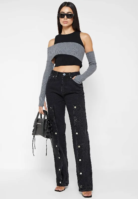 Crop Top with Knitted Overlay - Black/Grey