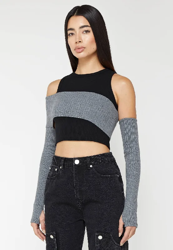 Crop Top with Knitted Overlay - Black/Grey