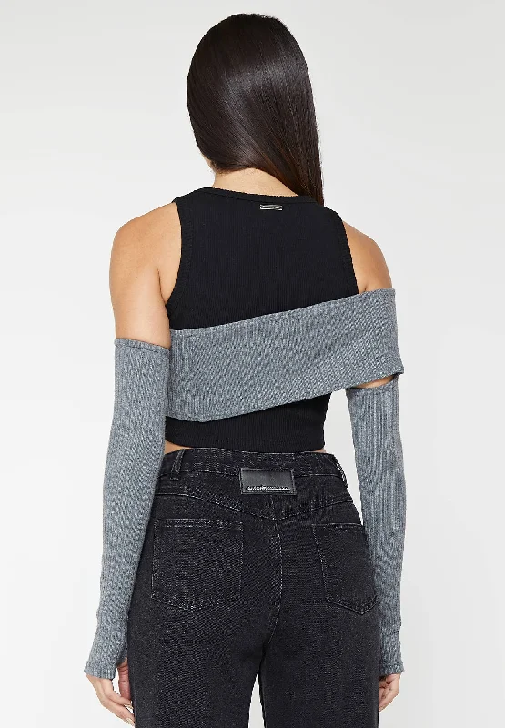 Crop Top with Knitted Overlay - Black/Grey