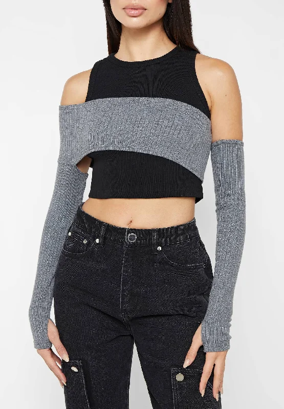 Crop Top with Knitted Overlay - Black/Grey