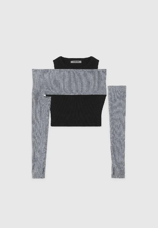 Crop Top with Knitted Overlay - Black/Grey