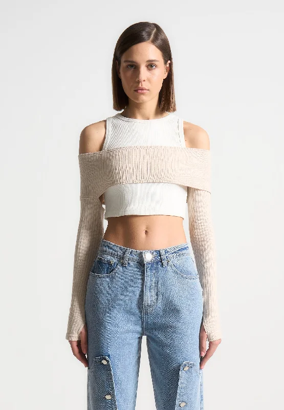 Crop Top with Knitted Overlay - White/Beige