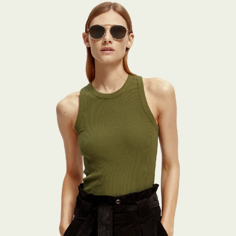 Rib-Knitted Racerback Tank Top (Olive Green)