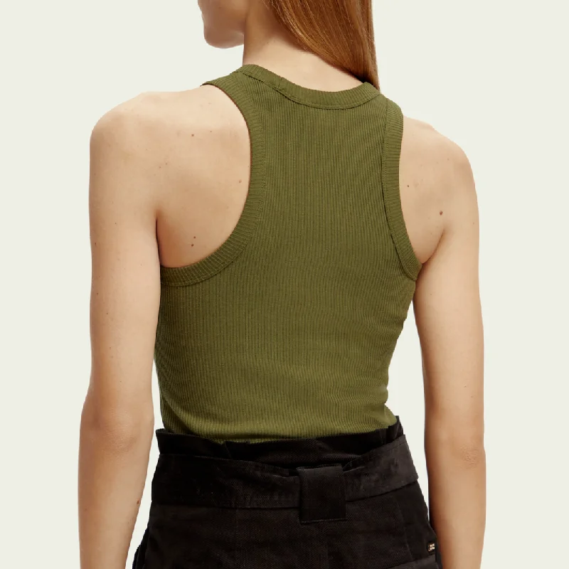 Rib-Knitted Racerback Tank Top (Olive Green)