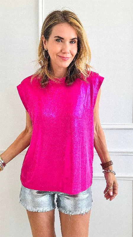 Sleeveless Metallic Knit Top - Pink