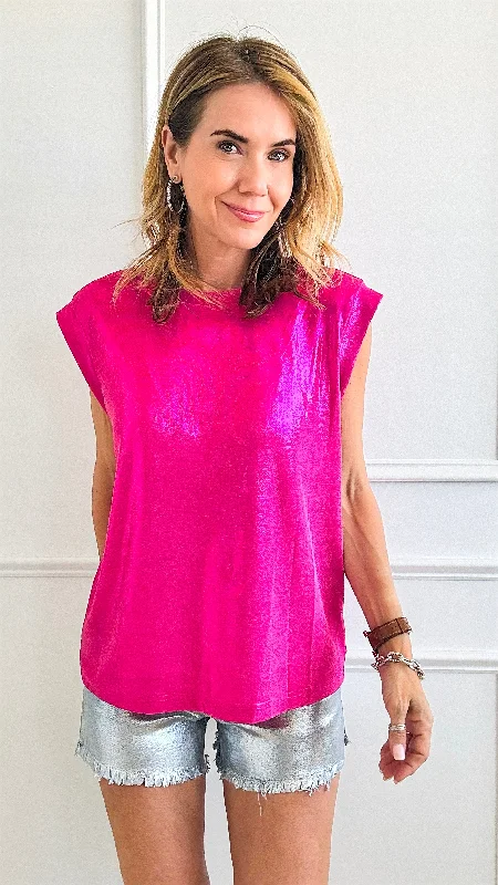 Sleeveless Metallic Knit Top - Pink