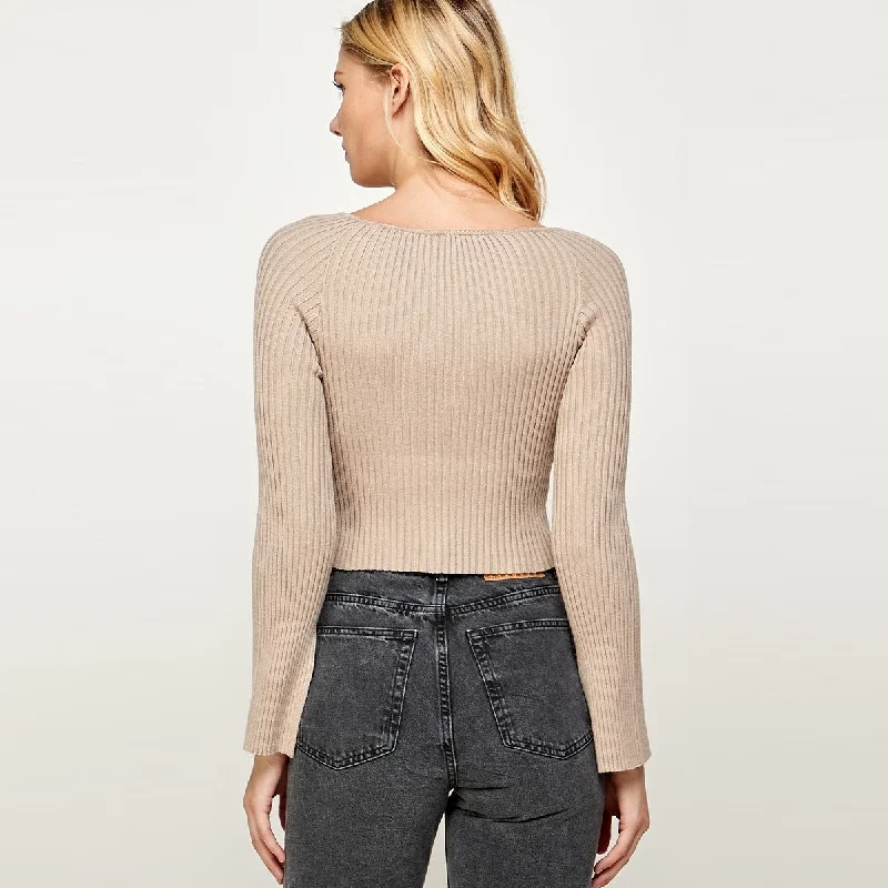 Square Neck Line Knit Top with Sleeves Slits (Taupe)