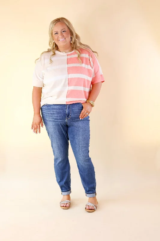 Urban Chic Color Block Striped Knit Top in Cream and Coral