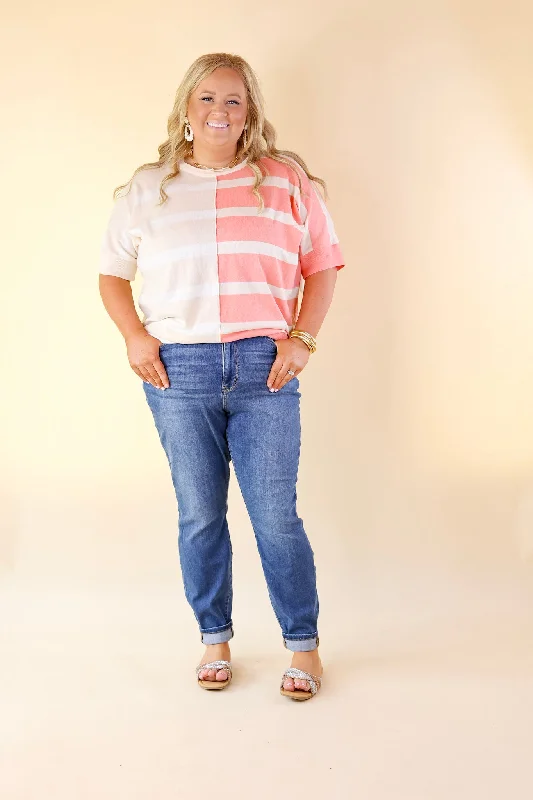 Urban Chic Color Block Striped Knit Top in Cream and Coral