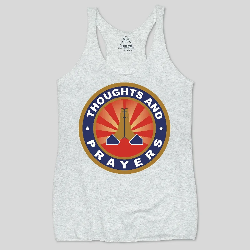 THOUGHTS  AND PRAYERS WOMEN'S RACERBACK TANK IN WHITE