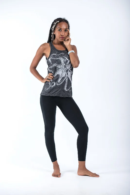 Womens Octopus Tank Top in Silver on Black