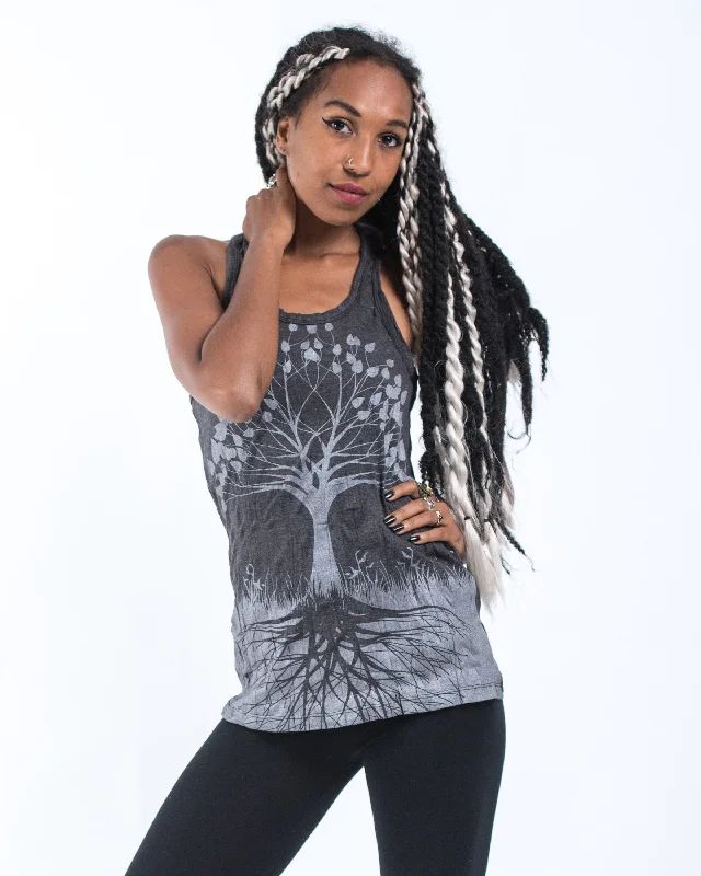 Womens Tree of Life Tank Top in Silver on Black