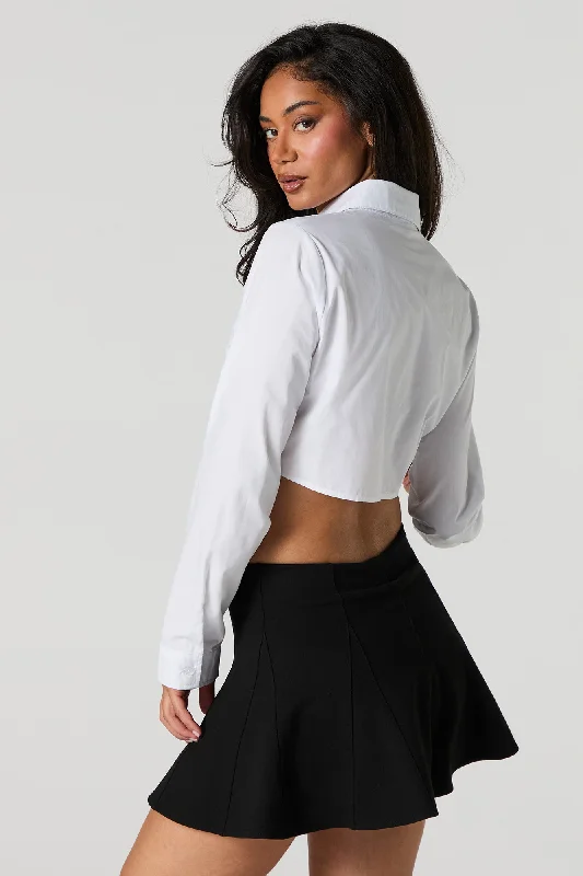 Cropped Button-Up Top with Neck Tie