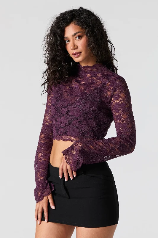 Floral Lace Long Sleeve Crop Top