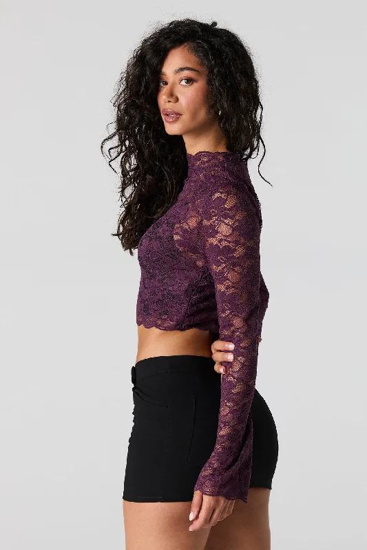 Floral Lace Long Sleeve Crop Top