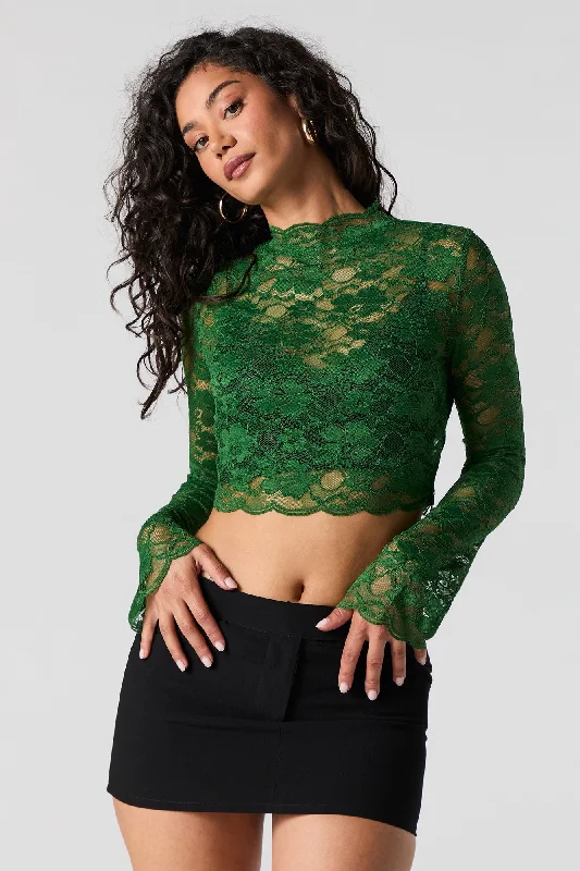 Floral Lace Long Sleeve Crop Top