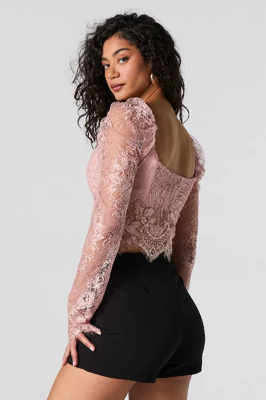 Floral Lace Sweetheart Long Sleeve Crop Top