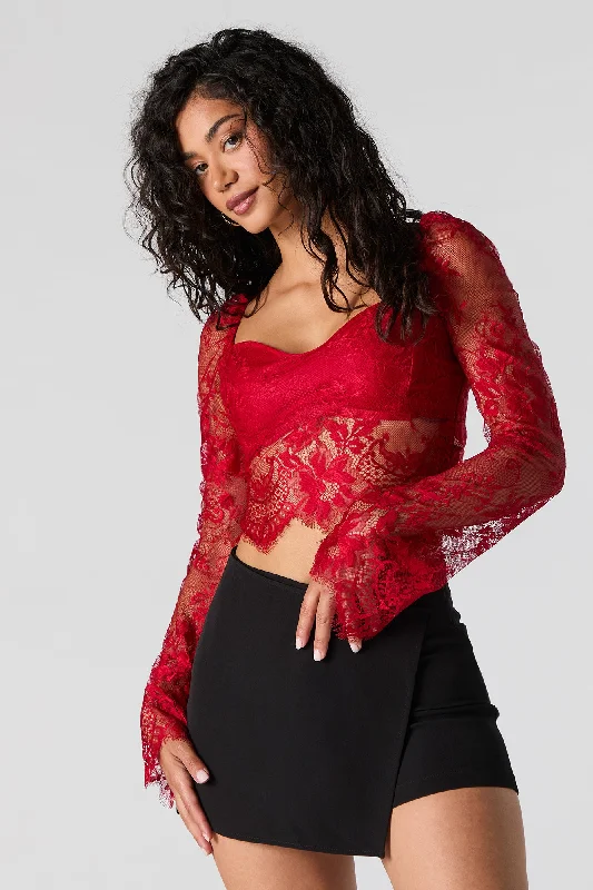 Floral Lace Sweetheart Long Sleeve Crop Top