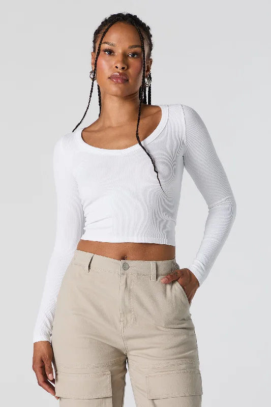 Seamless Ribbed V-Neck Long Sleeve Crop Top