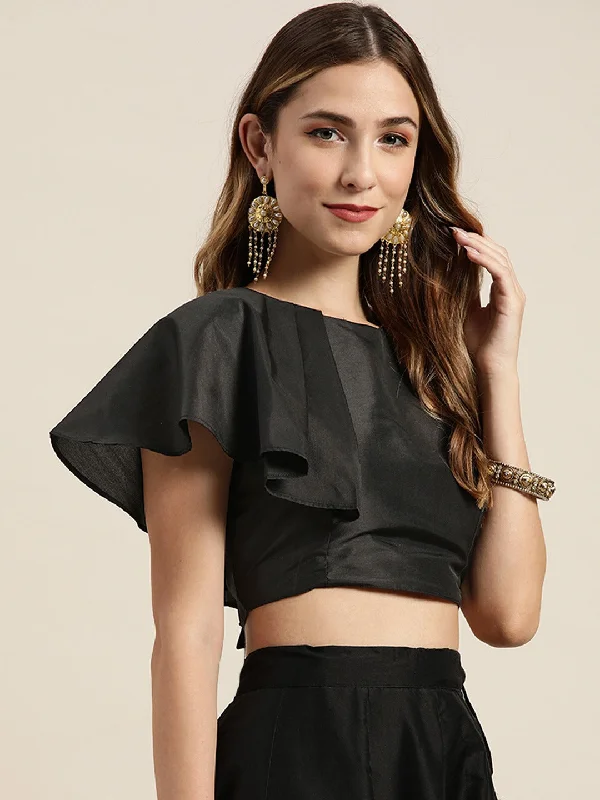 Black Ruffle Detail Crop Top