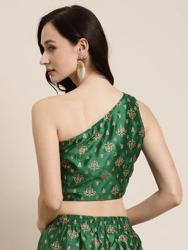 Green Foil Print One Shoulder Crop Top