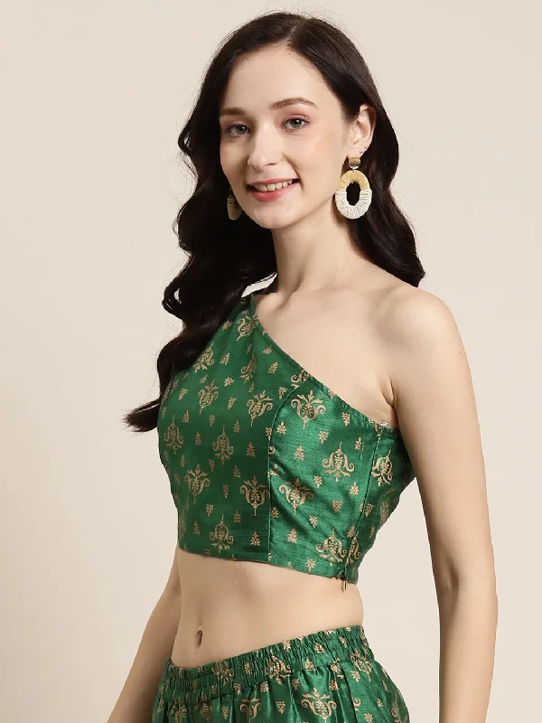 Green Foil Print One Shoulder Crop Top