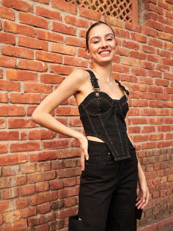 Women Black Denim Premium Cropped Bustier Top