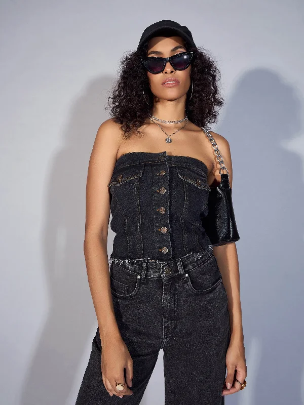 Women Black Denim Tube Crop Top