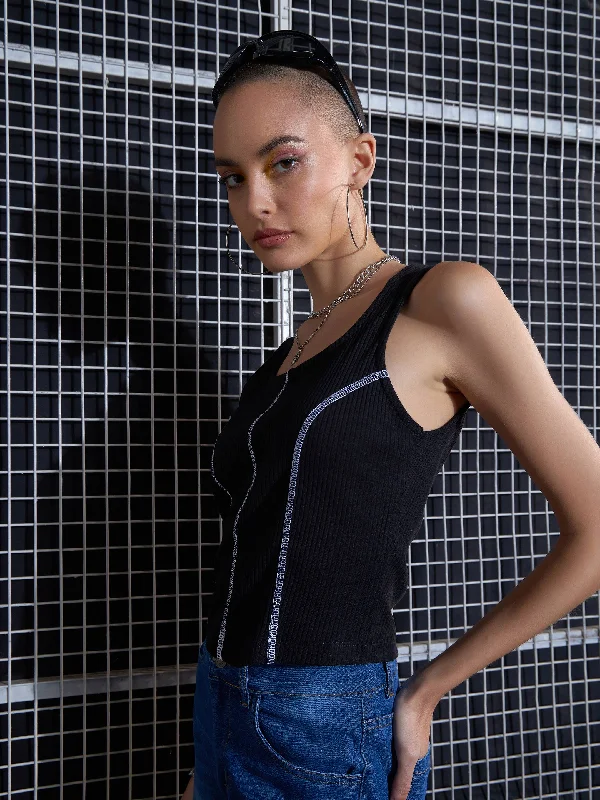 Women Black Rib Contrast Stitch Crop Top