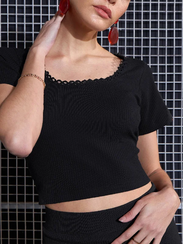 Women Black Rib Round Neck Crop Top