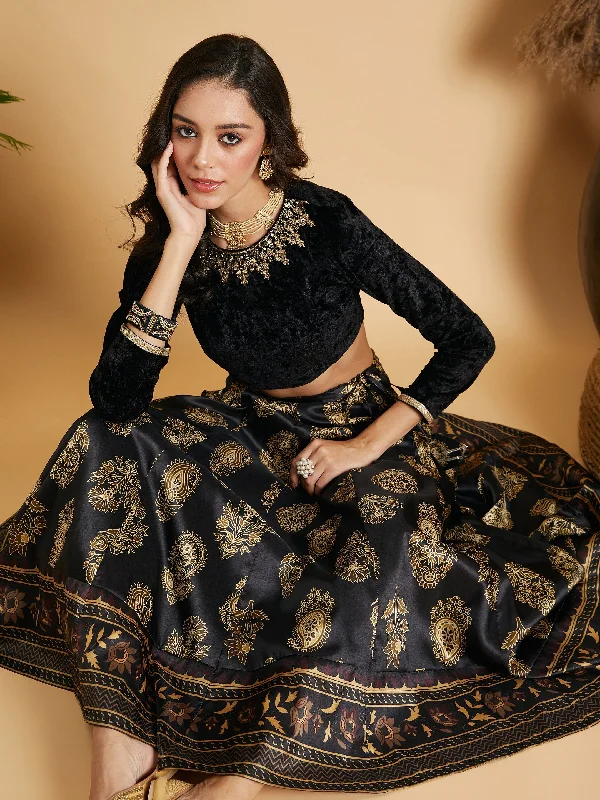 Women Black Velvet Embroidered Full Sleeves Crop Top