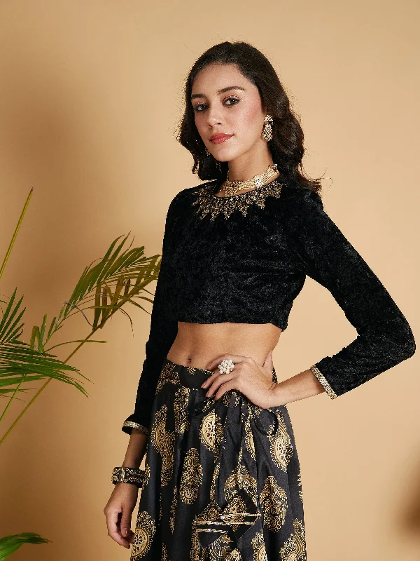 Women Black Velvet Embroidered Full Sleeves Crop Top