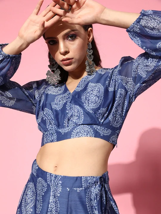 Women Blue Chanderi Paisley Wrap Crop Top