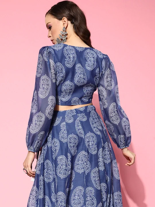 Women Blue Chanderi Paisley Wrap Crop Top