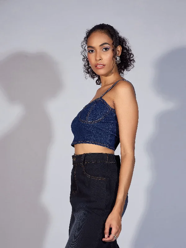 Women Blue Denim Strappy Crop Top