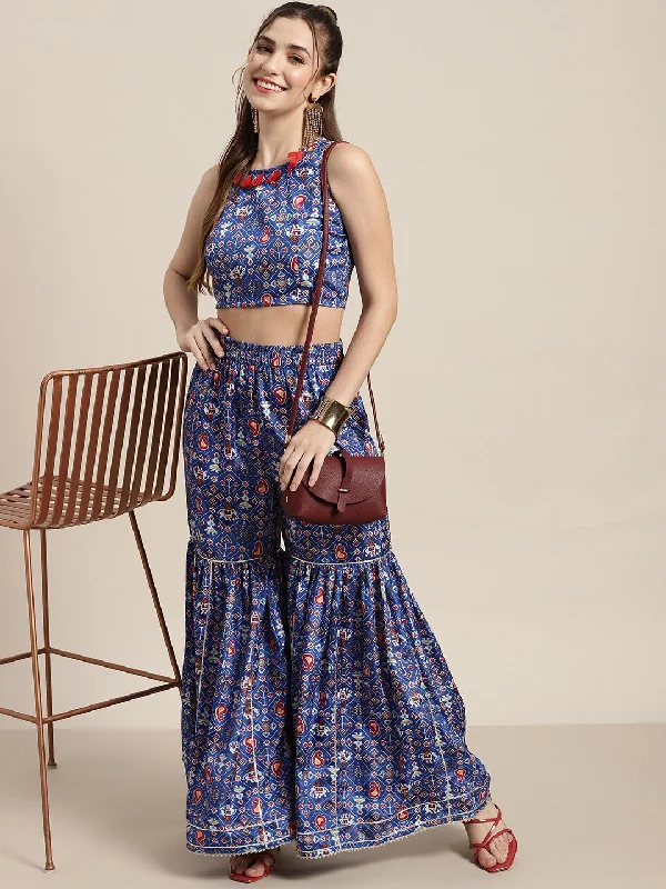 Women Blue Patola Sleeveless Crop Top