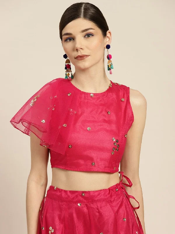 Women Fuchsia Tulle Sequins Ruffle Detail Crop Top