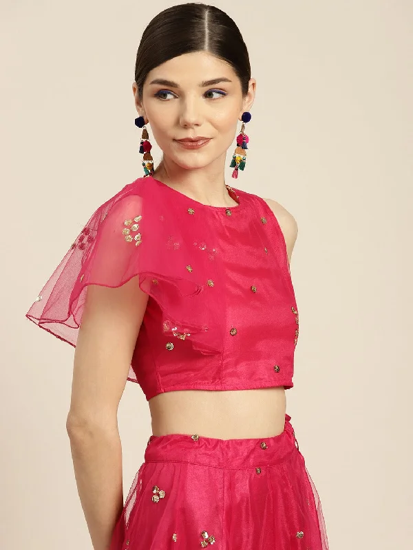 Women Fuchsia Tulle Sequins Ruffle Detail Crop Top