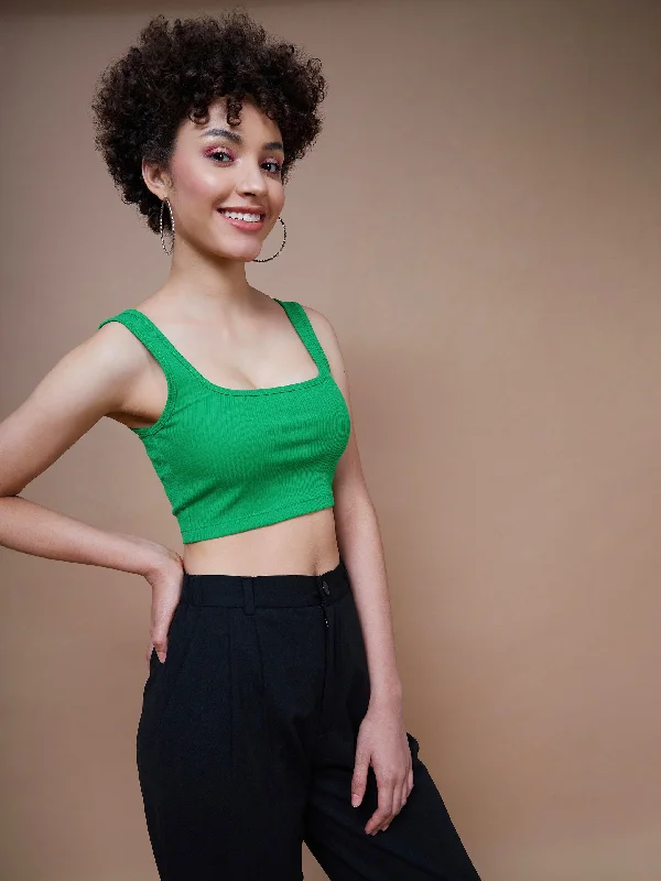 Women Green Rib Square Neck Cropped Tank Top