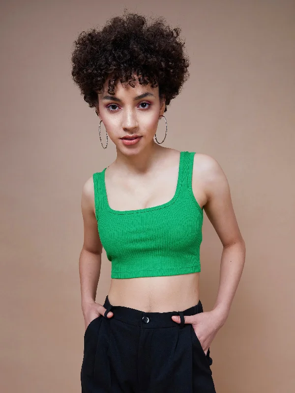 Women Green Rib Square Neck Cropped Tank Top