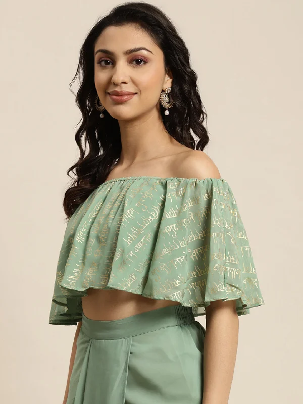 Women Green Shloka Foil Print Bardot Crop Top