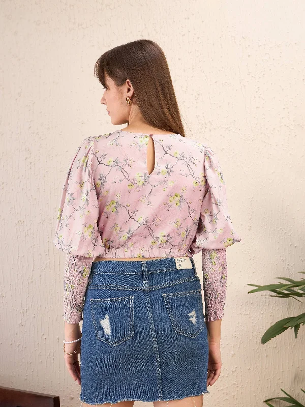 Women Lilac Floral Smocking Sleeve Crop Top