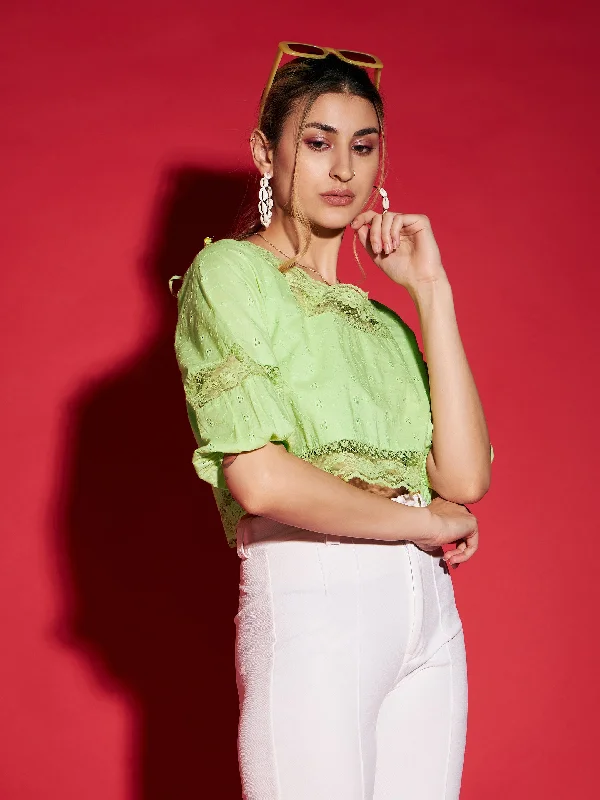 Women Lime Green Schiffli Square Neck Crop Top