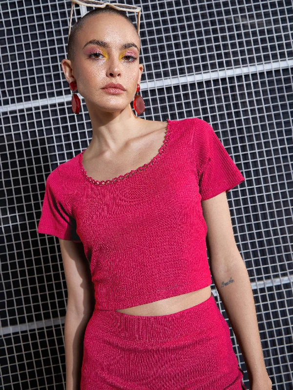 Women Magenta Rib Round Neck Crop Top